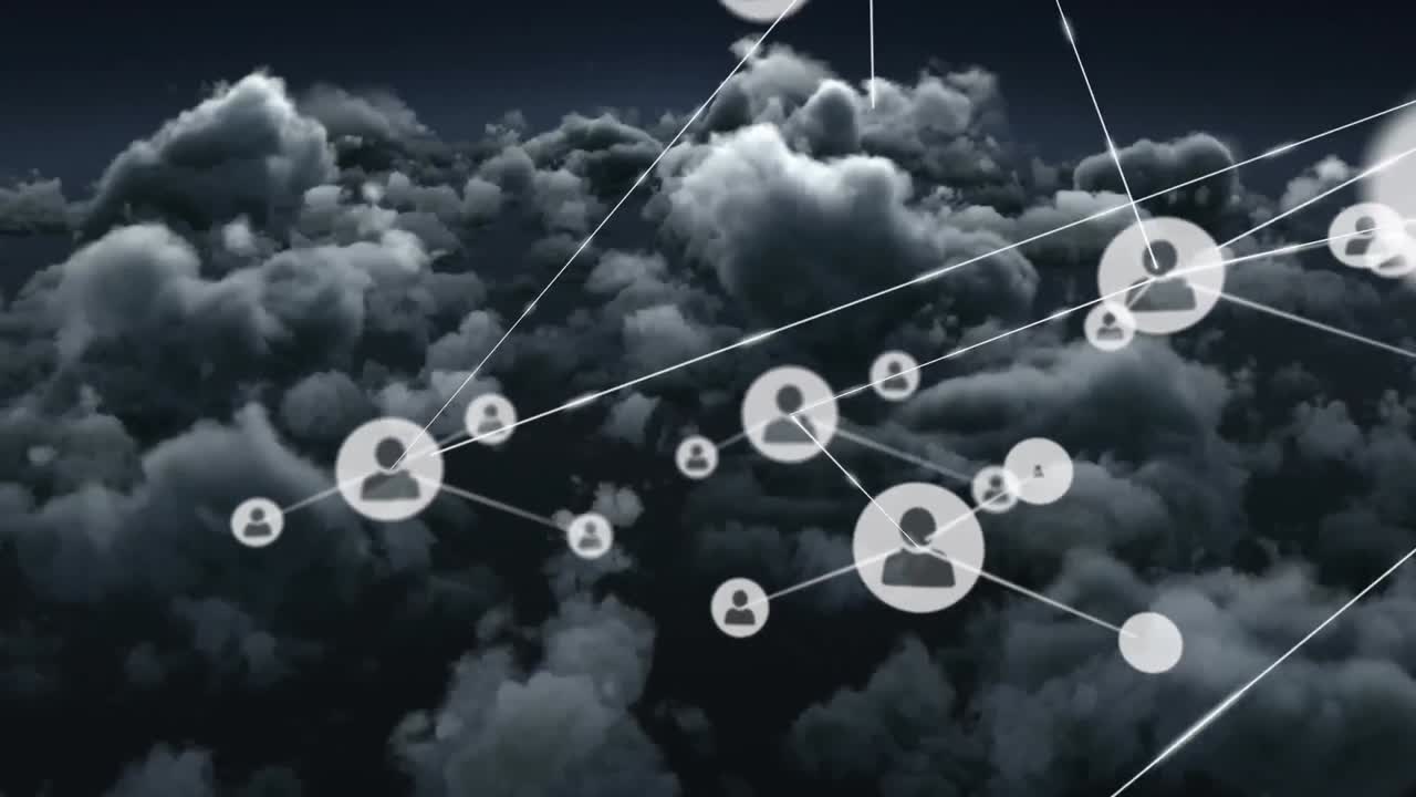 Animazione di una rete di connessioni di icone con persone su nuvole