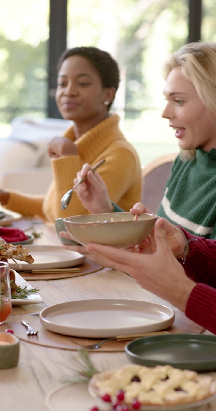 Vertical video: Diverse friends in sweaters passing bowl at table reaching hands, serving turkey