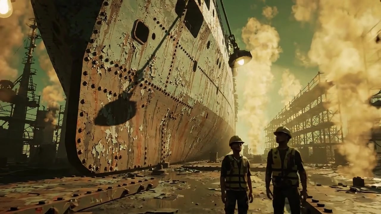 Dramatic Scene of Two Workers in Front of an Abandoned Ship Amidst Billowing Smoke and Rusted Industrial Debris in an Urban Shipyard Environment