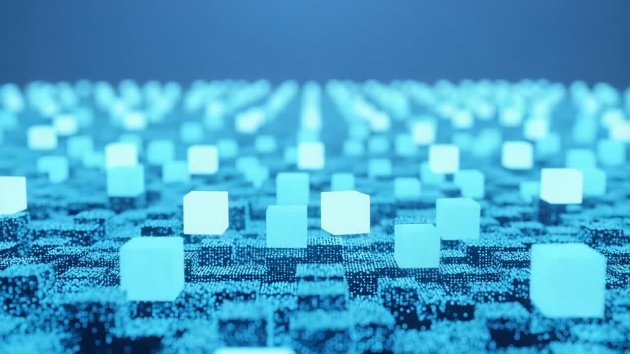 A Stunning Visual Showcase of Illuminated Cubes Amidst a Vibrant Matrix Landscape, Highlighting the Interplay of Light, Technology, and Digital Concepts in a Futuristic Environment