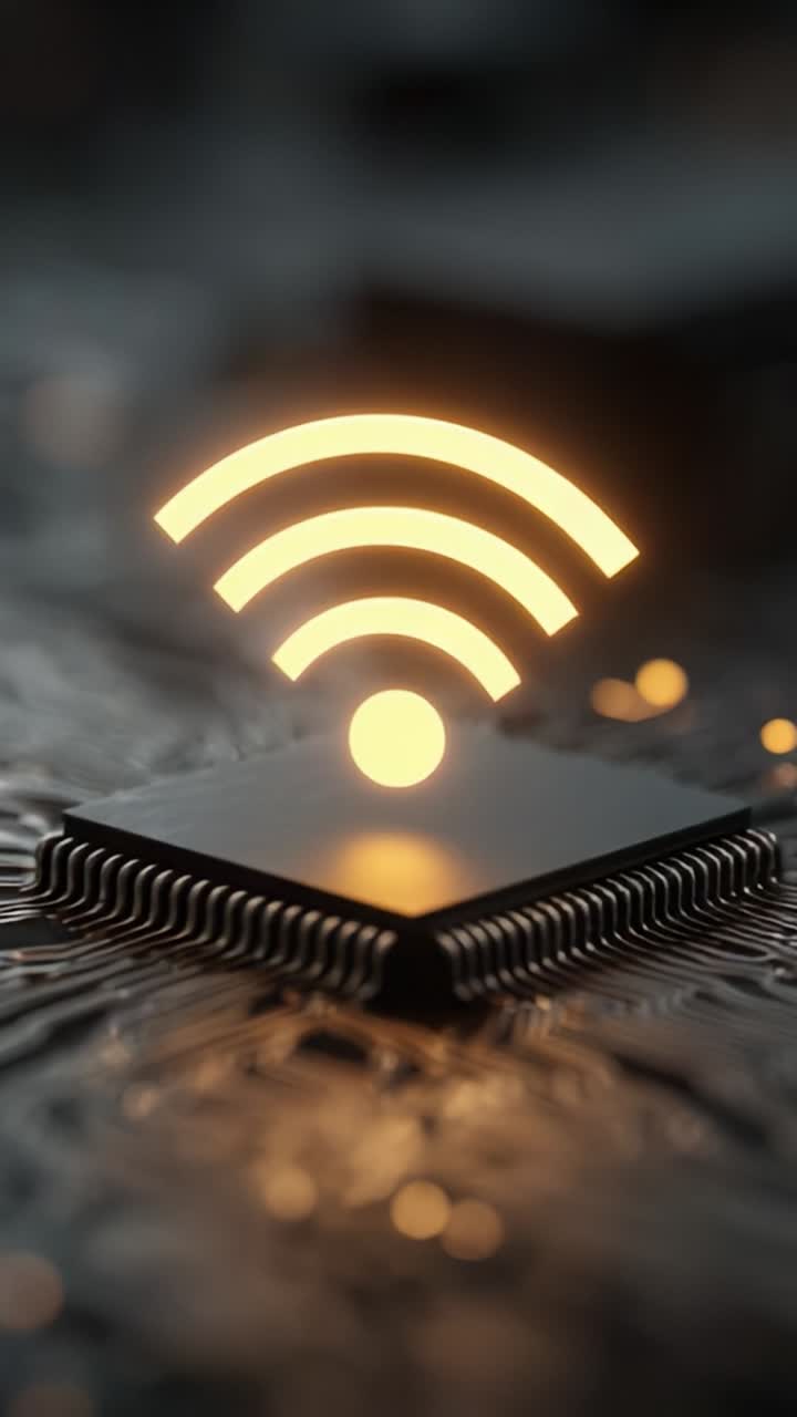 Exploring the Intricate World of Wireless Connectivity: A Close-Up of a Stylized Wi-Fi Symbol Illuminating a Computer Chip Circuitry