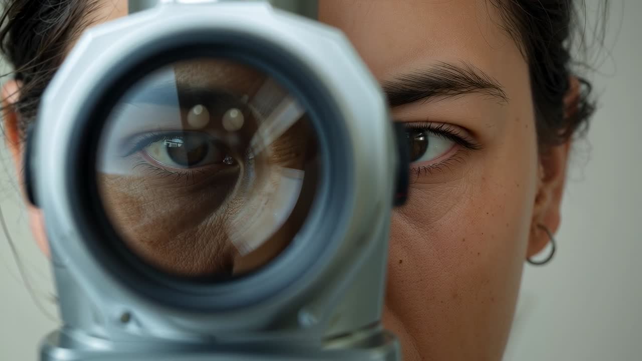 Inquadratura di una donna in una stanza compatta, allineando l'occhio sinistro tramite la mira ottica, orecchino a cerchio