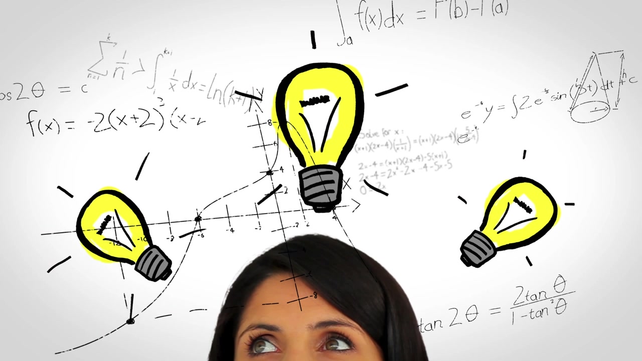 Animasi wanita Kaukasia dengan bola lampu di atas persamaan matematika dengan latar belakang putih