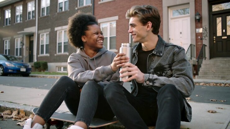 Offering woman in gray hoodie sharing bottle while man in denim jacket sipping on curb, skateboard