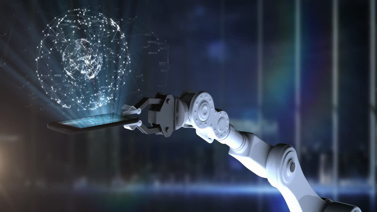 Animation of robot's arm and globe with data processing over computer servers