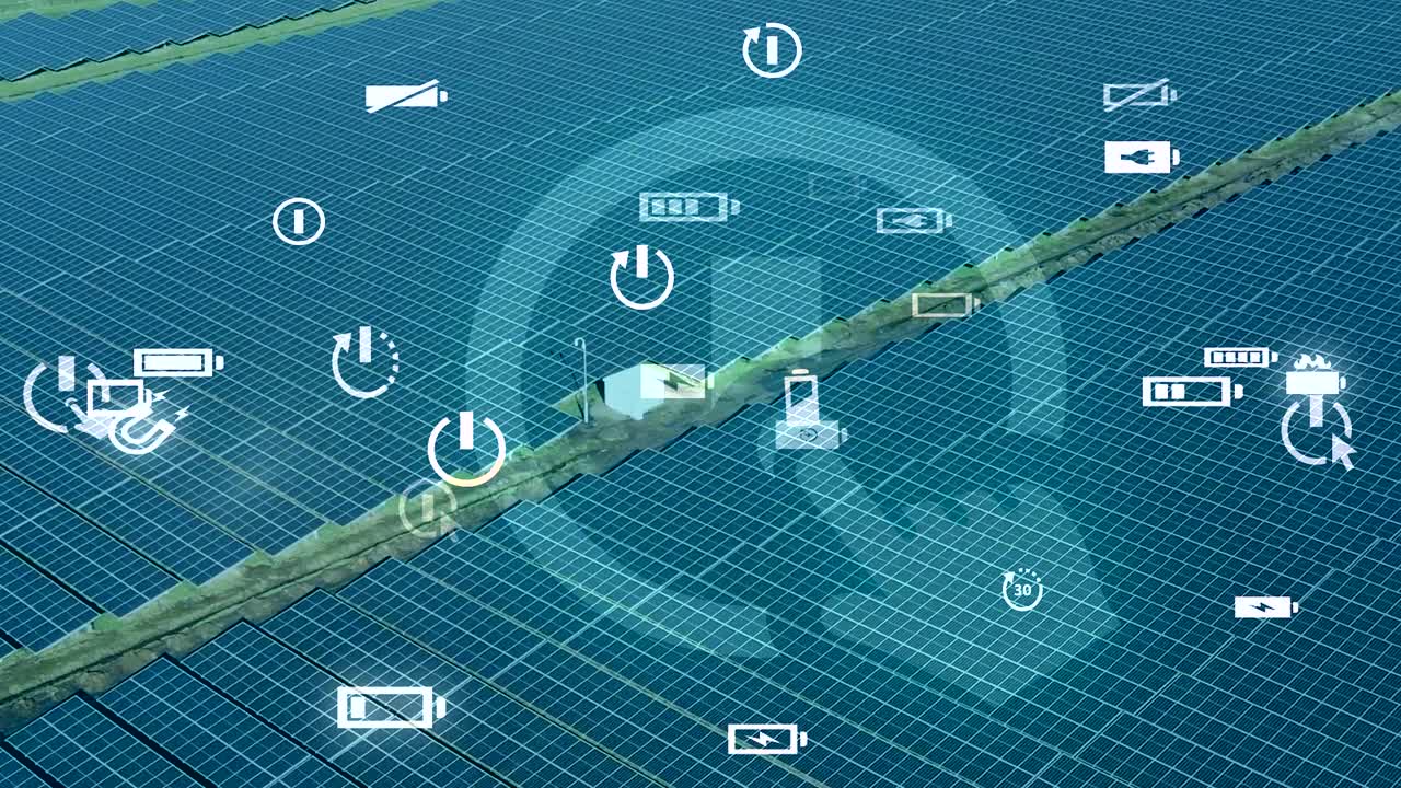 미래형 애니메이션 그래픽으로 대형 태양광 패널 필드 위를 비행