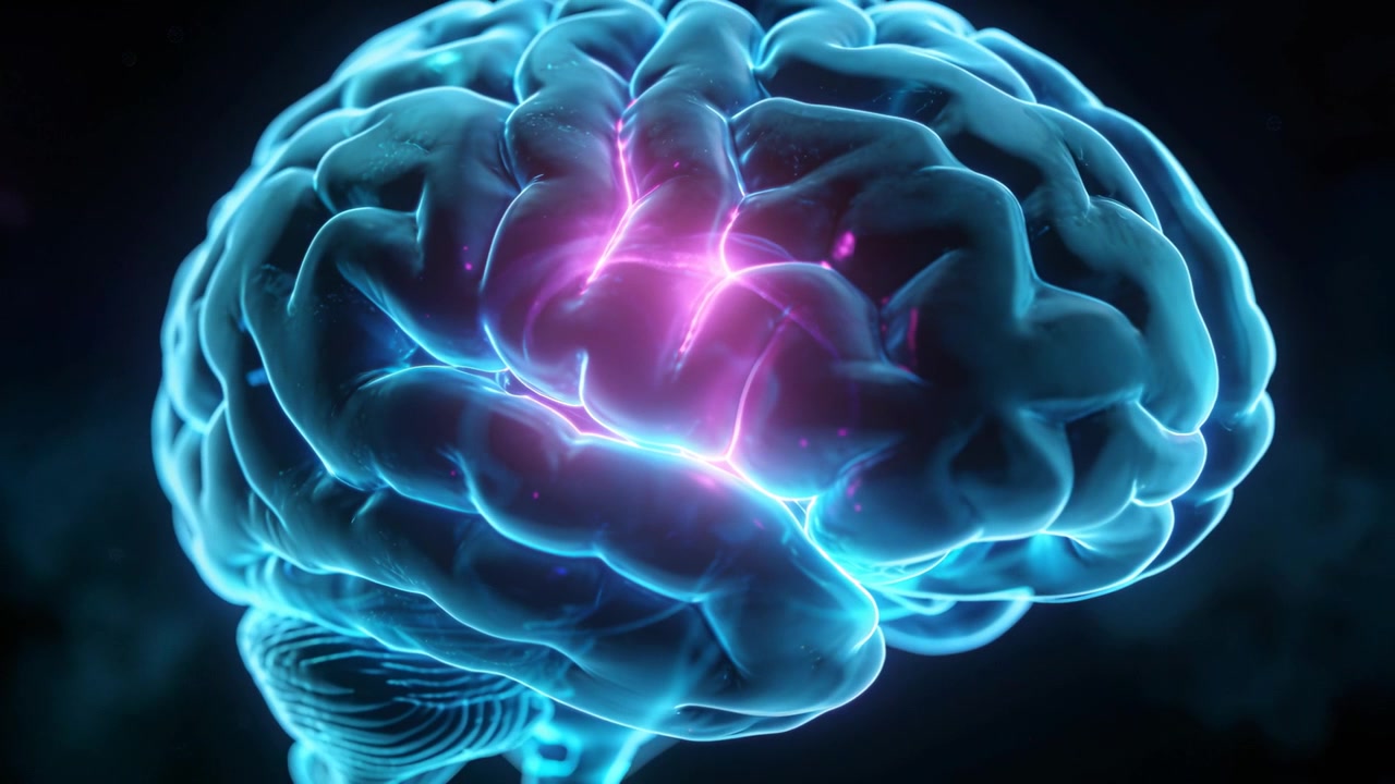 Pulsing 3D brain showing magenta activation spreading across cortex in dark blue void for research