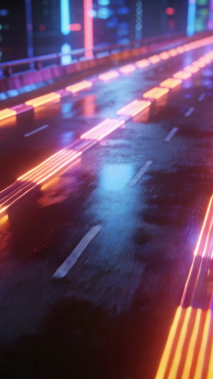 Vertical video: Activating glowing modules traveling along wet roadway at night, making reflections
