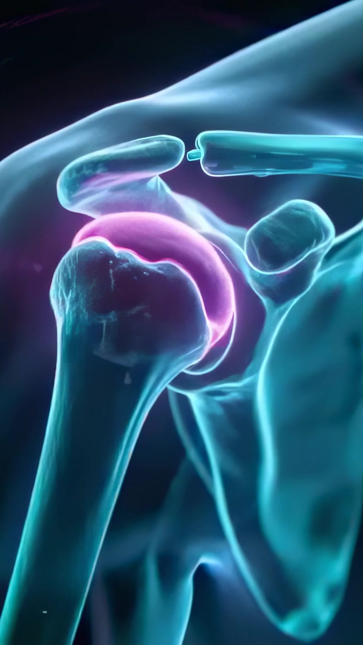 Vertical video: Showing 3D shoulder moving in studio, as pulsing rings causing humeral head contact