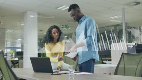 animation of financial data processing over diverse colleagues discussing work in office
