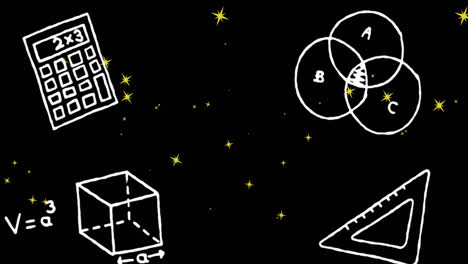 animación de iconos de ciencias y matemáticas sobre estrellas en fondo negro