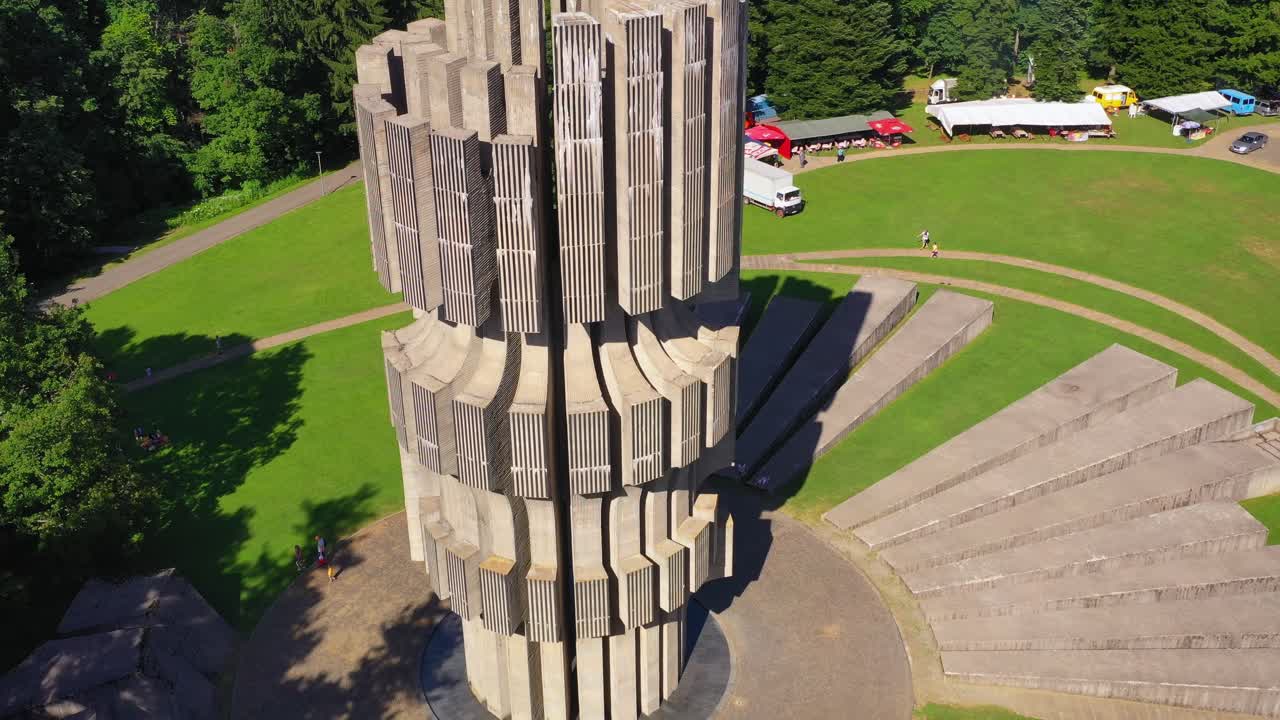 Aerial backward of the Monument to the Revolution on Kozara mountain