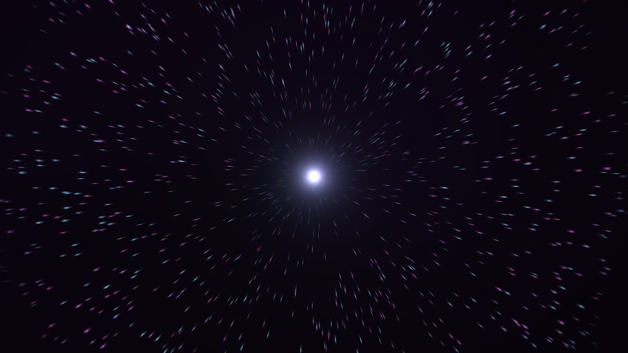 A bright white light radiates outward from the center, surrounded by swirling pink and blue particles against a deep black background