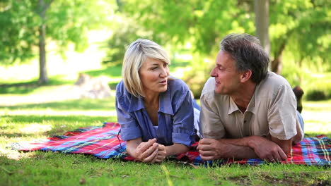 Happy-couple-lying-on-a-blanket-in-the-park