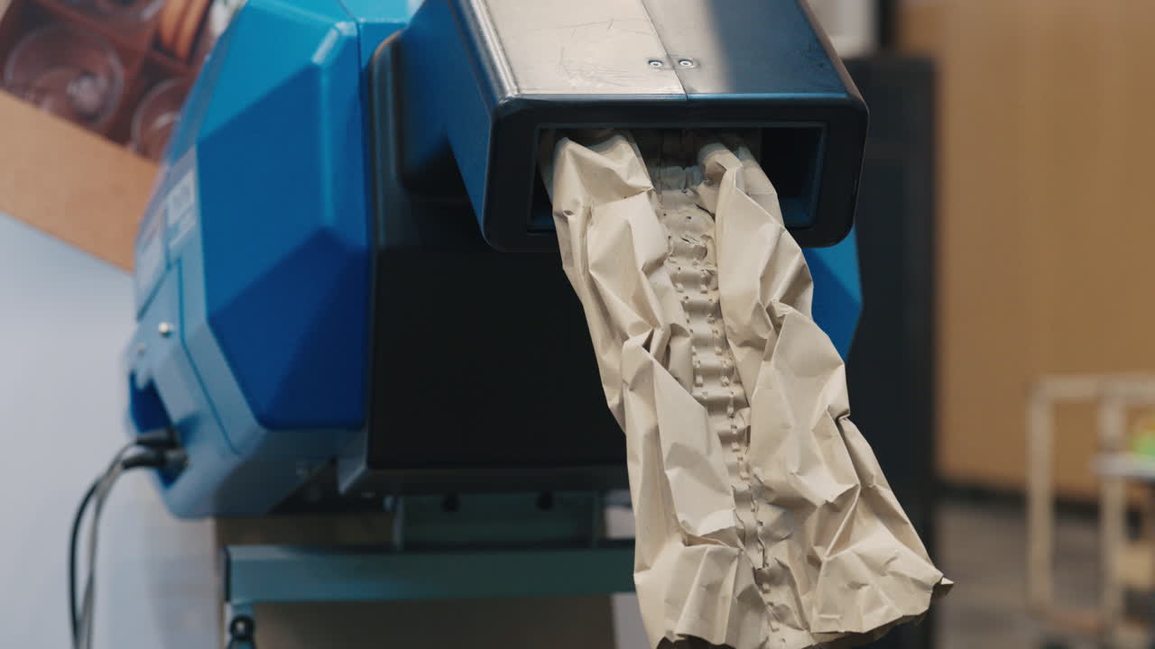 Close-up of a blue industrial machine dispensing crumpled brown paper for packaging or shredding