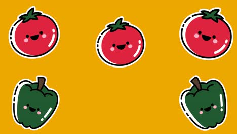 animation of smiling red tomatoes and green peppers moving upwards on yellow background