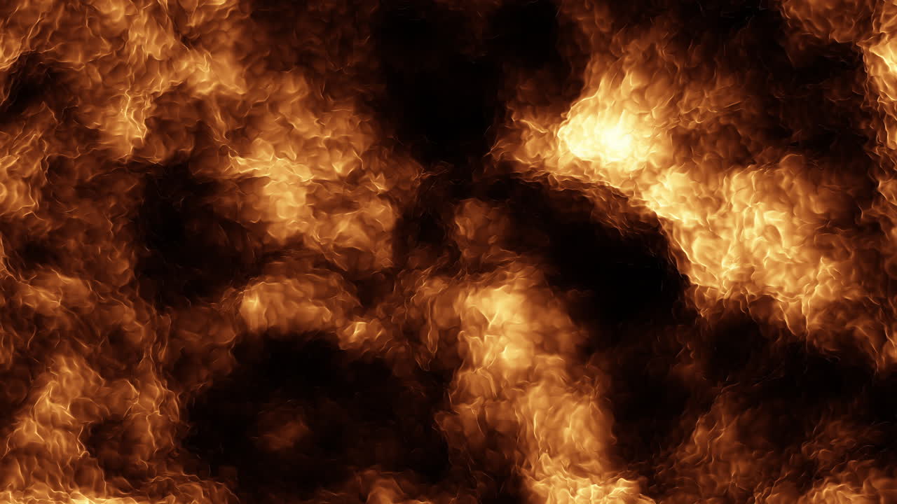 Nærbillede af en levende, brændende ild, der viser orange og gule flammer med en baggrund af bølgende sort røg.