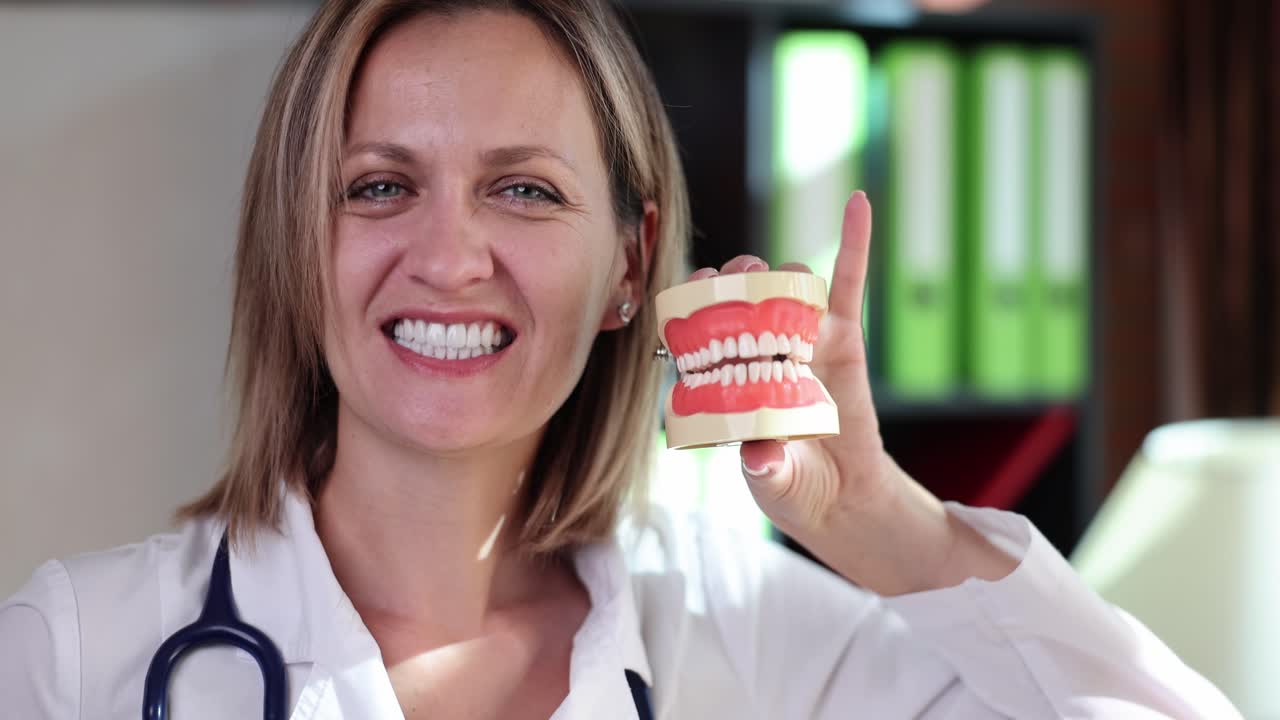 Modelo de dentista segurando dentes
