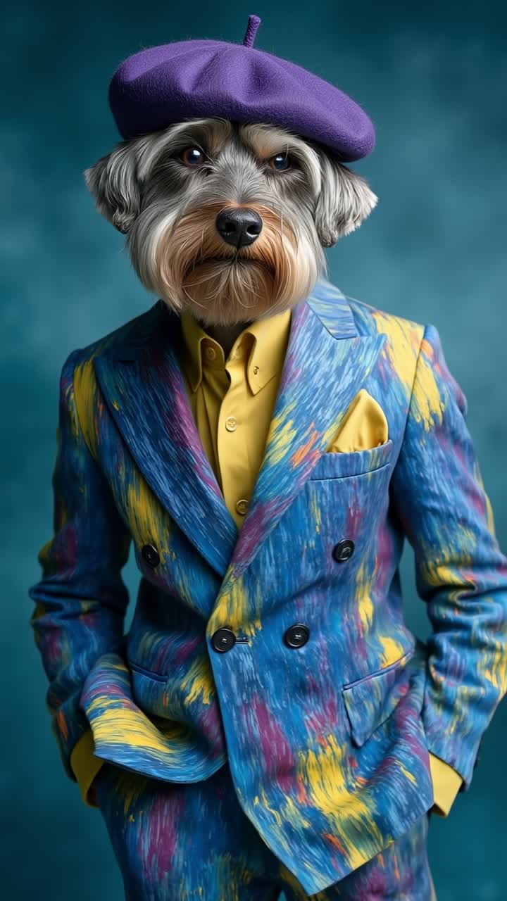Surrealistisk portræt af en antropomorf hund iført en farverig kunstnerisk dragt og en stilfuld lilla baret.