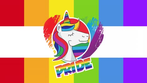 animación del texto del orgullo y el unicornio sobre el fondo del arco iris.