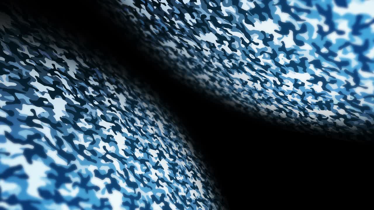 파란색 위장 패턴 배경, 군사 유니폼 개념, 추상적인 선과 파동 텍스처, 루프 애니메이션
