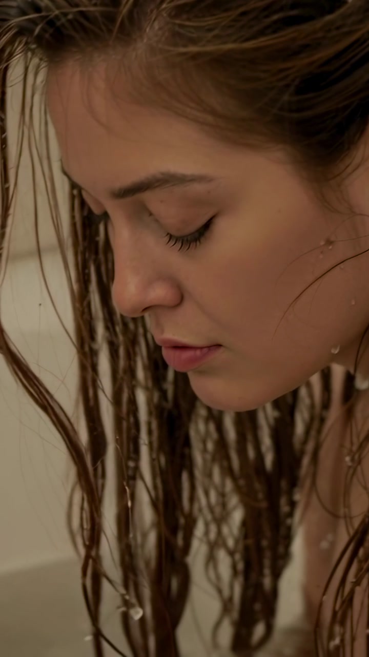 Vertical video: Letting water drip, adult female holding head down in bathtub, showing droplets