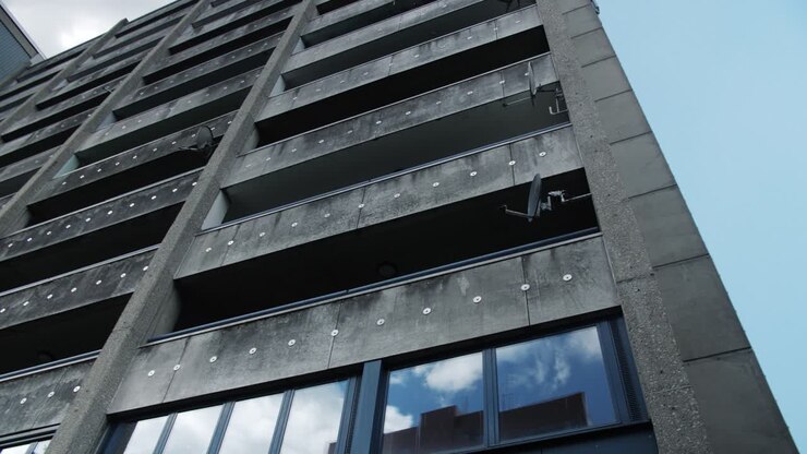Arc shot of aged social housing building in Nieuw Gent, a residential area in Ghent, Belgium