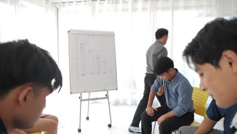angry asian boss reprimanding subordinate for poor financial result at office
