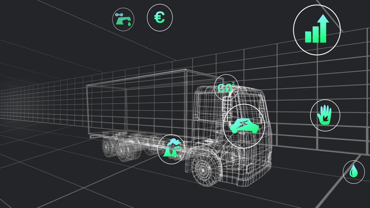 Scene opening icons fading orbiting around wireframe truck showing emission performance metrics