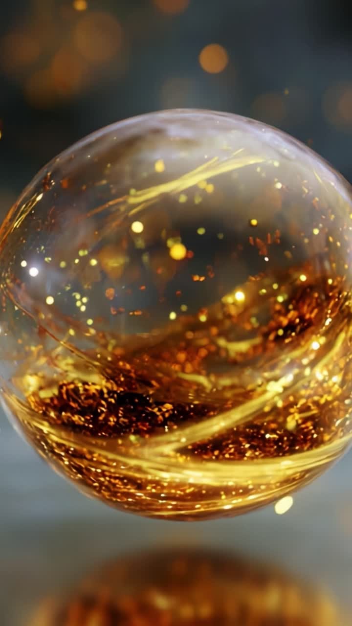 A mesmerizing close-up of an ethereal orb filled with shimmering golden particles, suspended in mid-air, captivating the viewer with its luminous beauty and magical charm amidst a soft, blurred background