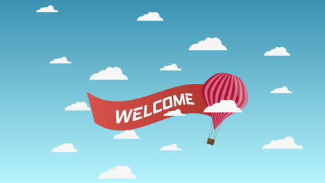 welcome banner flying with parachute flying behind clouds in blue sky