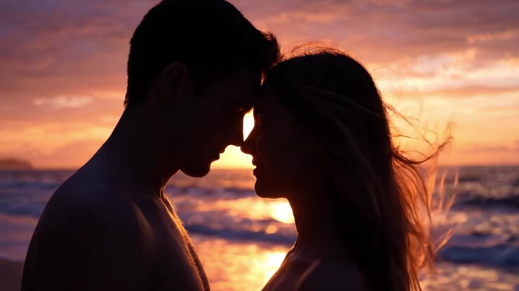 Une silhouette romantique au coucher du soleil d'un couple s'embrassant au bord de l'océan, capturant l'essence de l'amour et de la connexion sur un magnifique fond de plage.