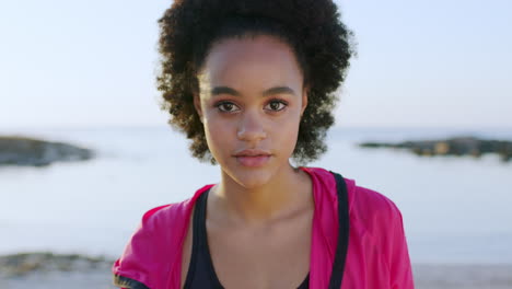 Woman,-beach-and-serious-face-for-portrait