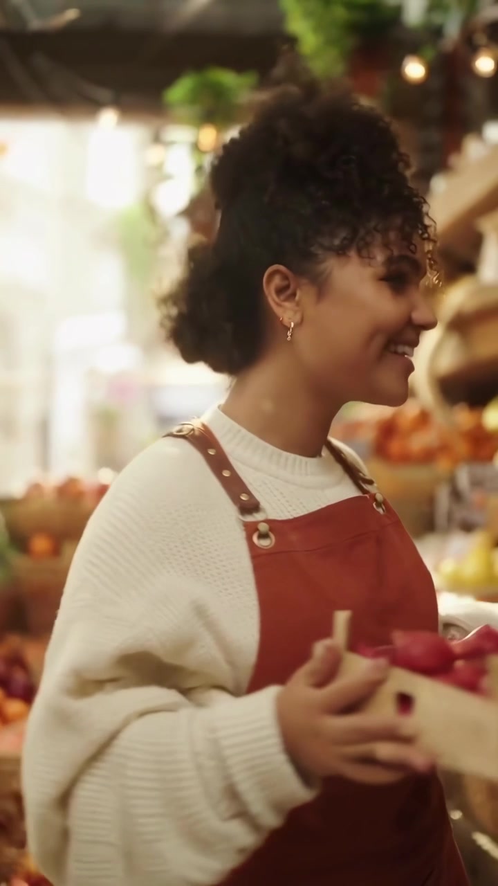 Mujer sonriente acomodando fresas frescas en un mercado