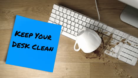 animation of keep your desk clean text over cup of coffee and computer keyboard