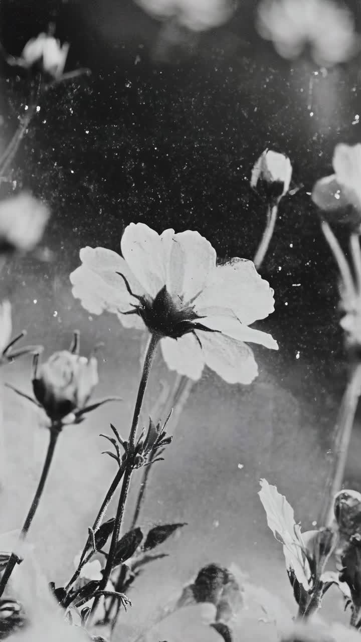 Black and white close-up of flowers with a dreamy, vintage style