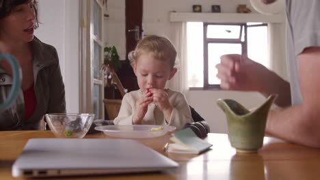 caucasian baby eating strawberries at home