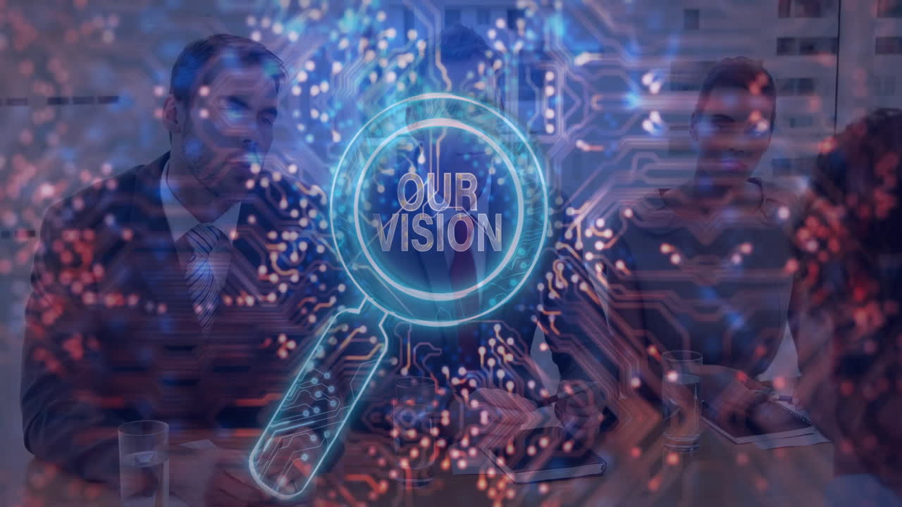 Magnifying glass over circuit board with animation in business meeting setting