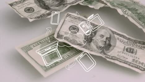 Animation-of-digital-icons-spinning-over-cloud-against-american-dollar-bills-on-grey-background