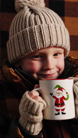 child holding a christmas mug in winter