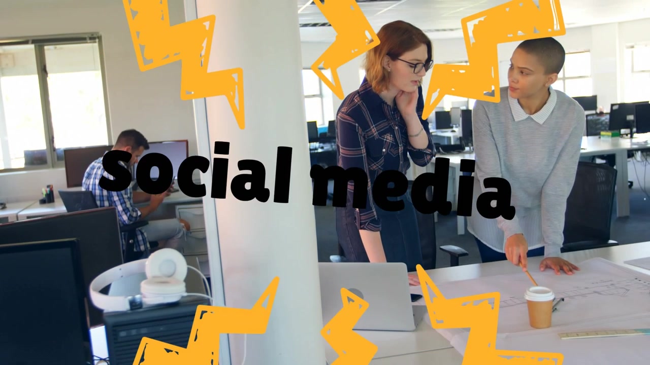 Animazione di testo sui social media sovrapposta a un gruppo eterogeneo di persone d'affari.