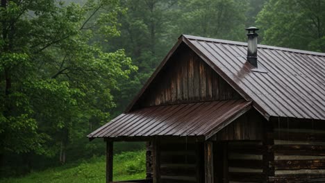 rustic log cabin in a green forest on a rainy day