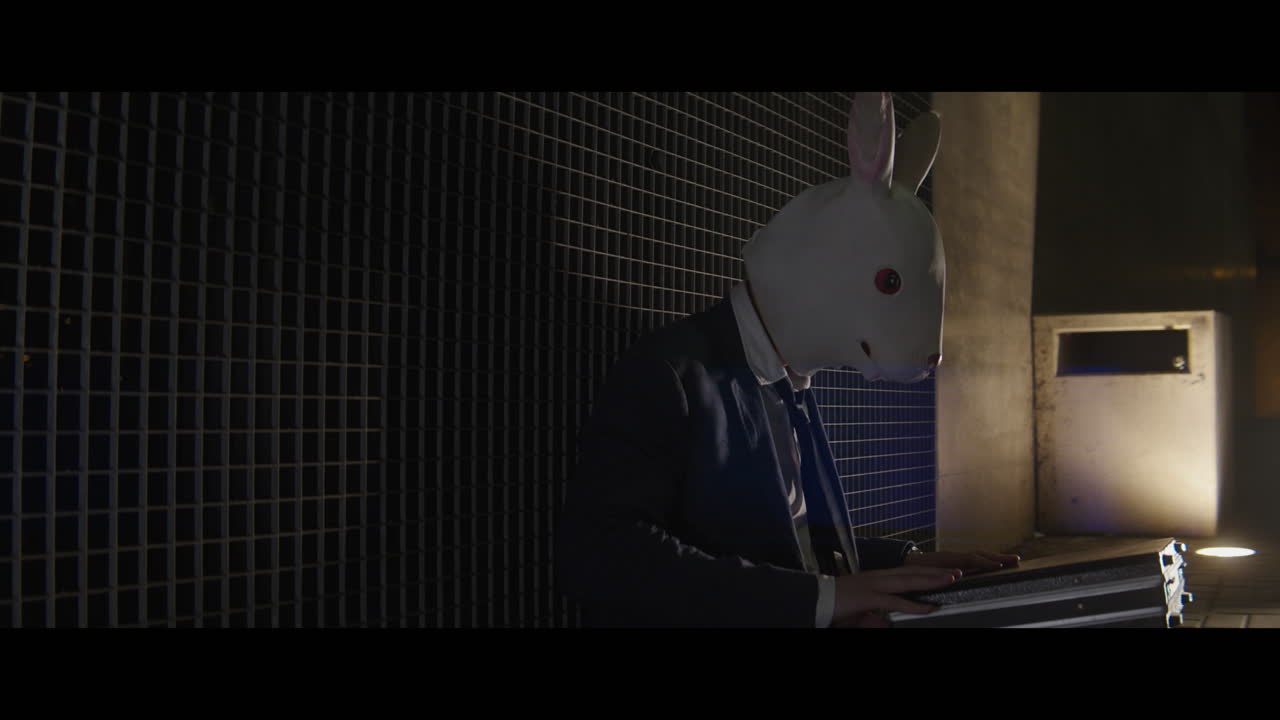 Man in a rabbit head mask