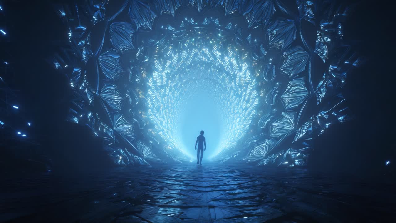 A serene figure stands at the threshold of an illuminated tunnel, surrounded by intricate structures that showcase a blend of advanced technology and ethereal beauty, evoking wonder and mystery