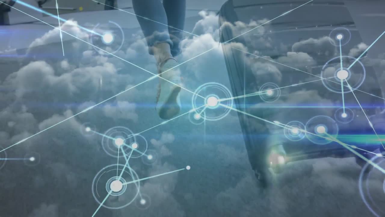 연결 네트워크의 애니메이션과 가방을 들고 있는 백인 여성 위에 구름이 있는 하늘