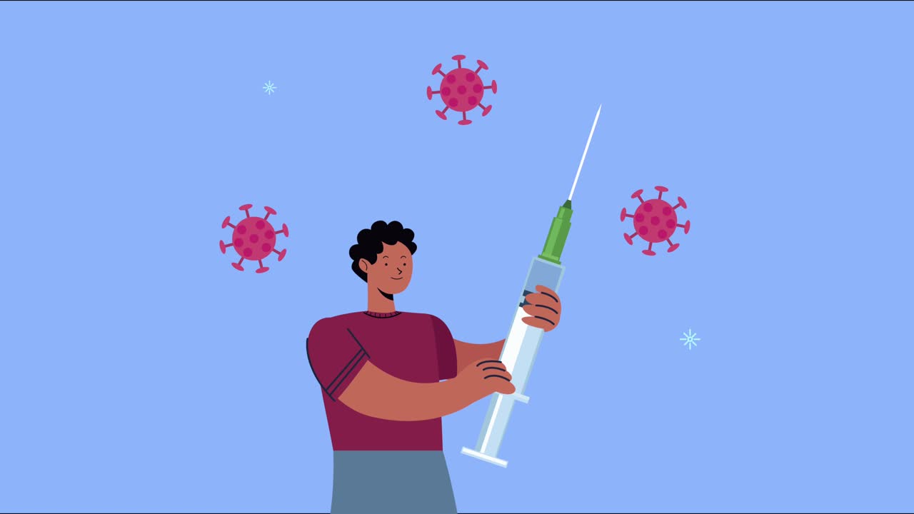covid19 disease animation with particles and man lifting vaccine
