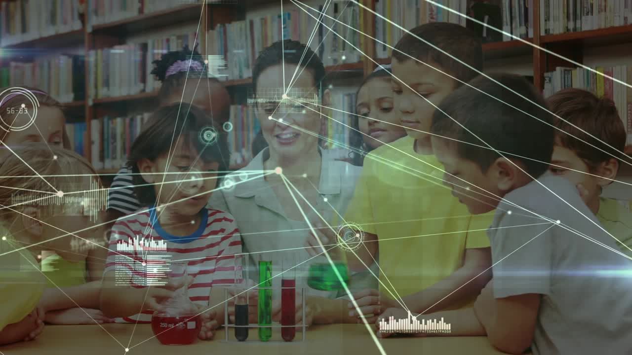 Animação de rede de conexões sobre alunos diversos com professor.