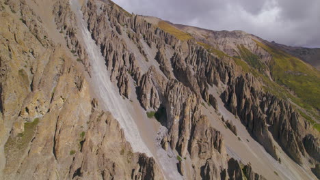 landscape of stiff hill slopes and unique muddy structures at manang nepal, drone shot of annapurna circuit region, mountains, greens, and yellows, adventurous nature 4k