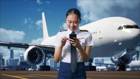 una piloto asiática sonriendo y usando un teléfono inteligente mientras está de pie en el aeródromo con un avión en el fondo
