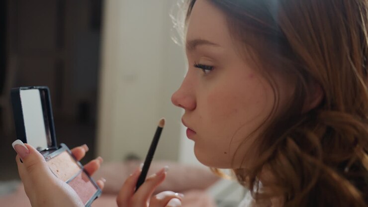 Kaukasisches/Kaukasischstämmiges Mädchen im Teenageralter, das Lippenstift vor dem Spiegel aufträgt, sanftes Schlafzimmerlicht, Nahaufnahme des Profils, Kompaktpalette und Pinsel sichtbar, konzentrierter Gesichtsausdruck während der morgendlichen Schönheitsroutine, Vorbereitungsstimmung